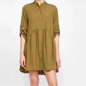 Zara Woman Khaki Olive Green drop waist high neck roll tab sleeves mini Dress XS